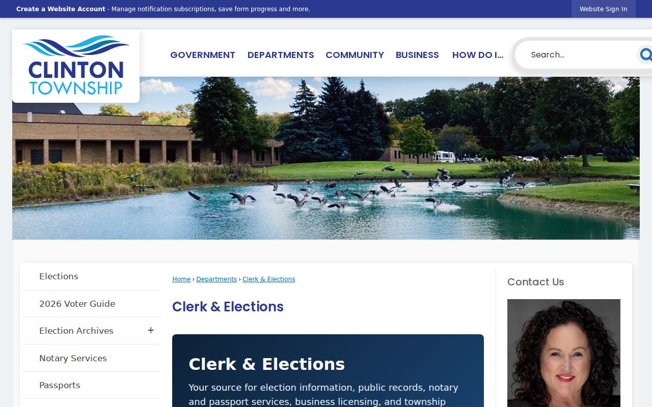 Clinton Township residents directory view of the Clerk and Elections page